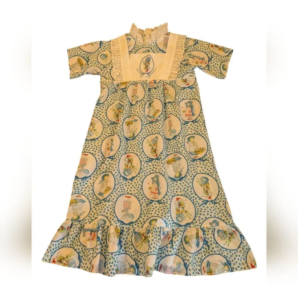 Holly Hobbie Girls vintage long floral blue dress cottage core‎